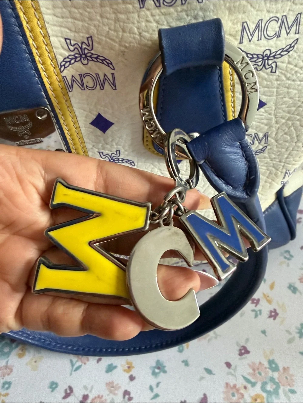 MCM Cream Satchel with Blue Trim and Yellow Accents